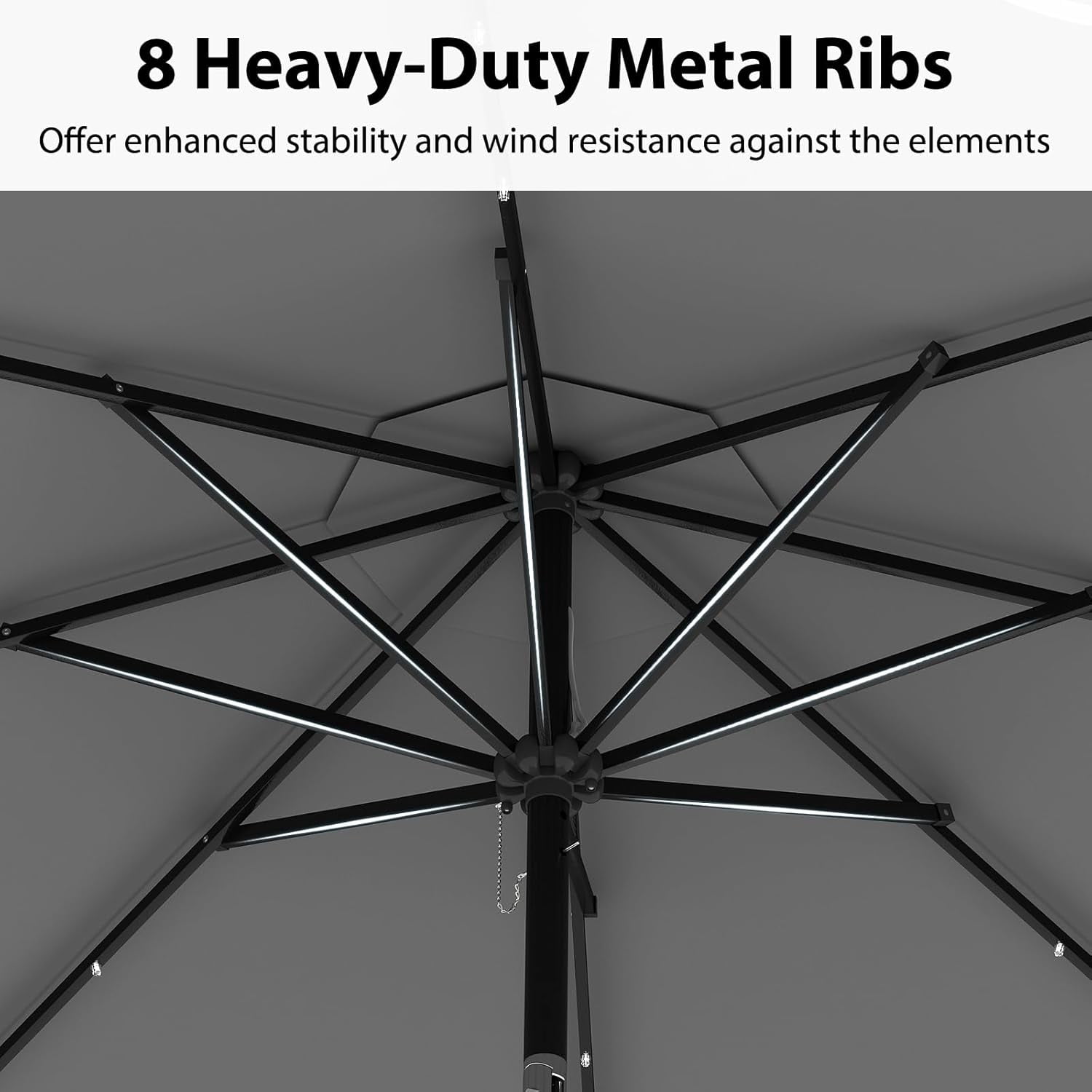 ZYPPP 10FT Solar LED Patio Umbrella, 2-Tiers Scalloped Outdoor Table Market Umbrella with 24 LED Lights, Vented Top, Tilt Adjustment, Crank, 8 Ribs for Backyard Poolside Deck Beach Lawn (Gray)