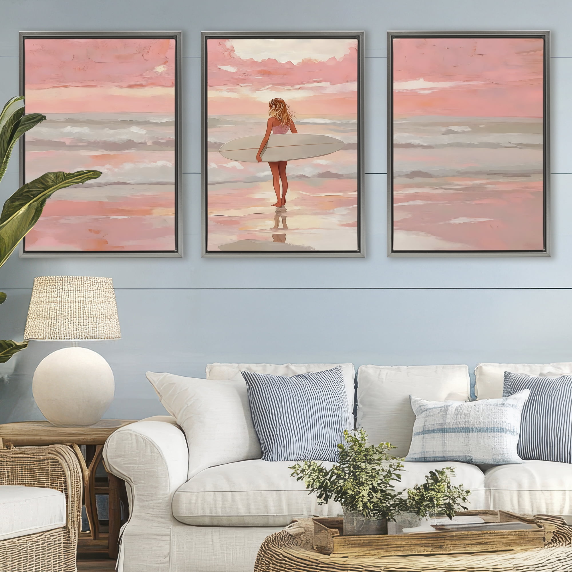 Stupell Industries Pink Sky Surfer Sunrise 3 Piece Gray Framed Floater Canvas Set, design by LSR Design Studio