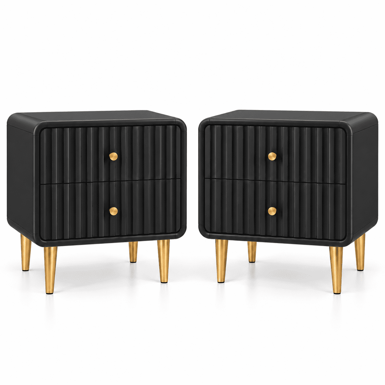 Set of 2 Modern Nightstands with 2 Drawers Fluted Bedside Tables with Storage Wood End Tables for Bedroom & Living Room