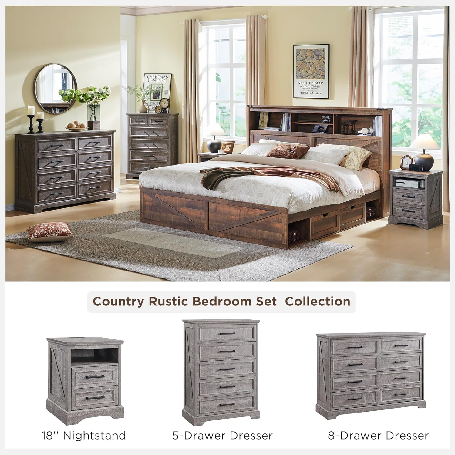 ACCOHOHO 18" Farmhouse Rustic Nightstand with 2 Drawers, Grey