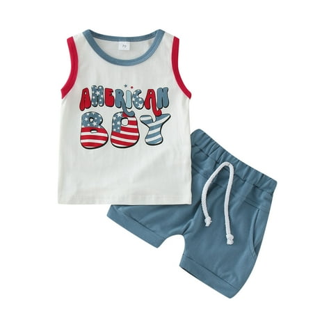 

Toddler Boys Independence Day 4th Of July Sleeveless Letter Printed T-Shirt Tops Vest Shorts Outfits Child Clothing Streetwear Dailywear Outwear