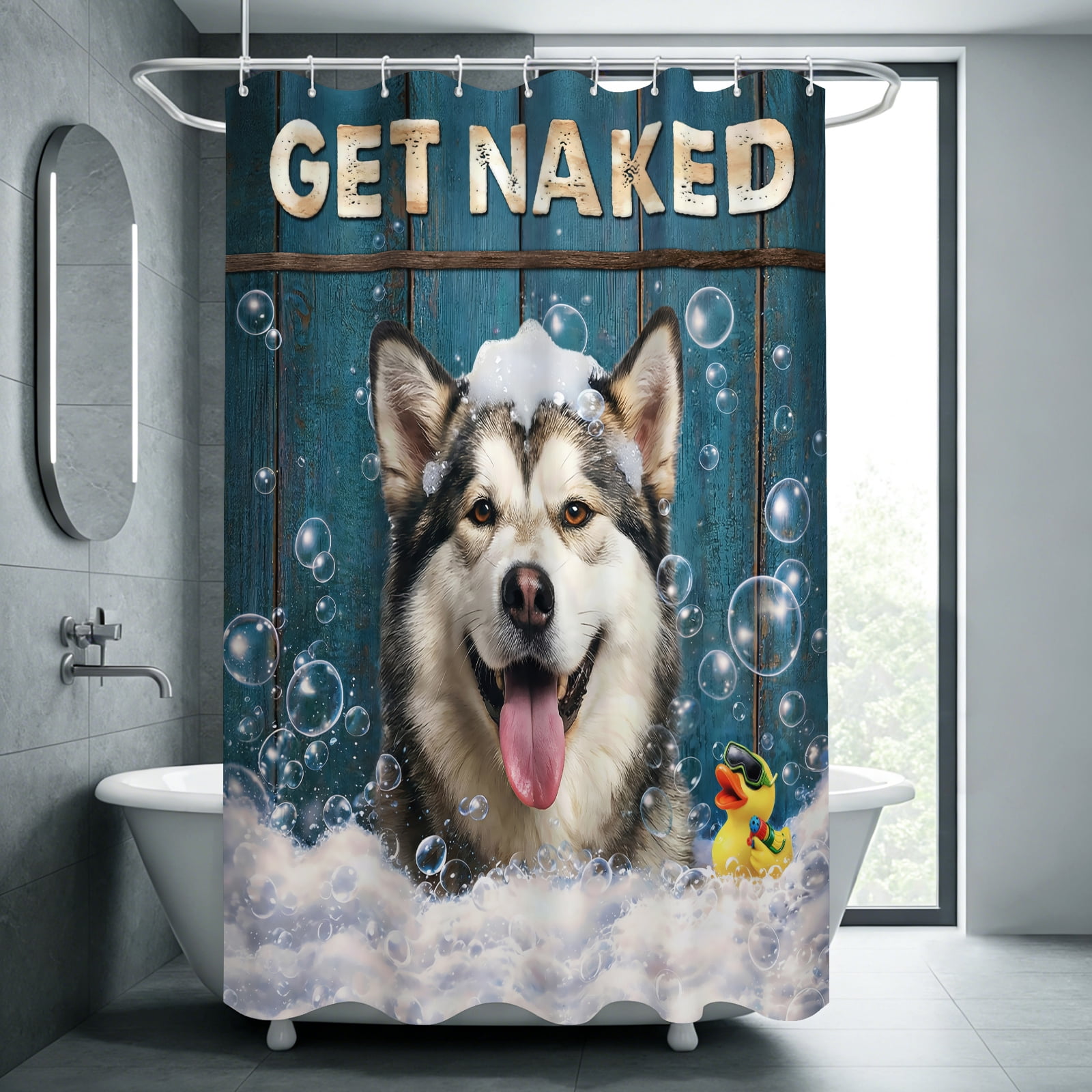 Funny Alaskan Malamute Shower Curtain - Get Naked Humorous Bath Decor, Waterproof Fabric, Cute Dog in Bubbles with Duck, Bathroom Accessory for Dog Lovers - 60"x72"