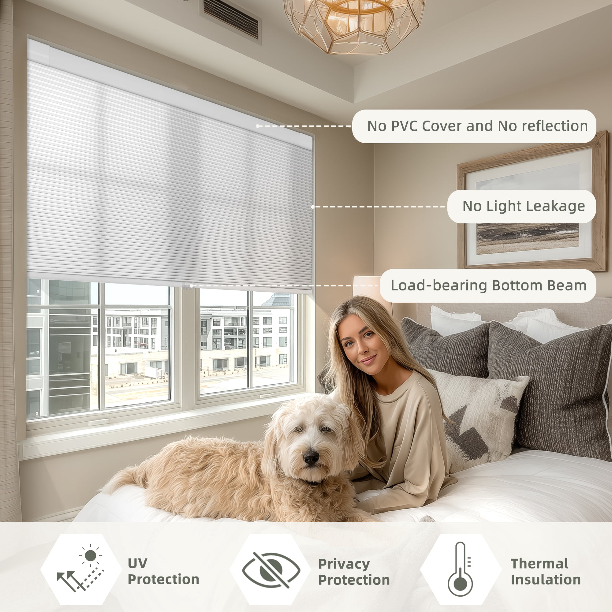 BERISSA Cordless No Drill No Tools Cellular Shades, Light Filtering Pull Down Window Blinds,White,34" W x 72" H