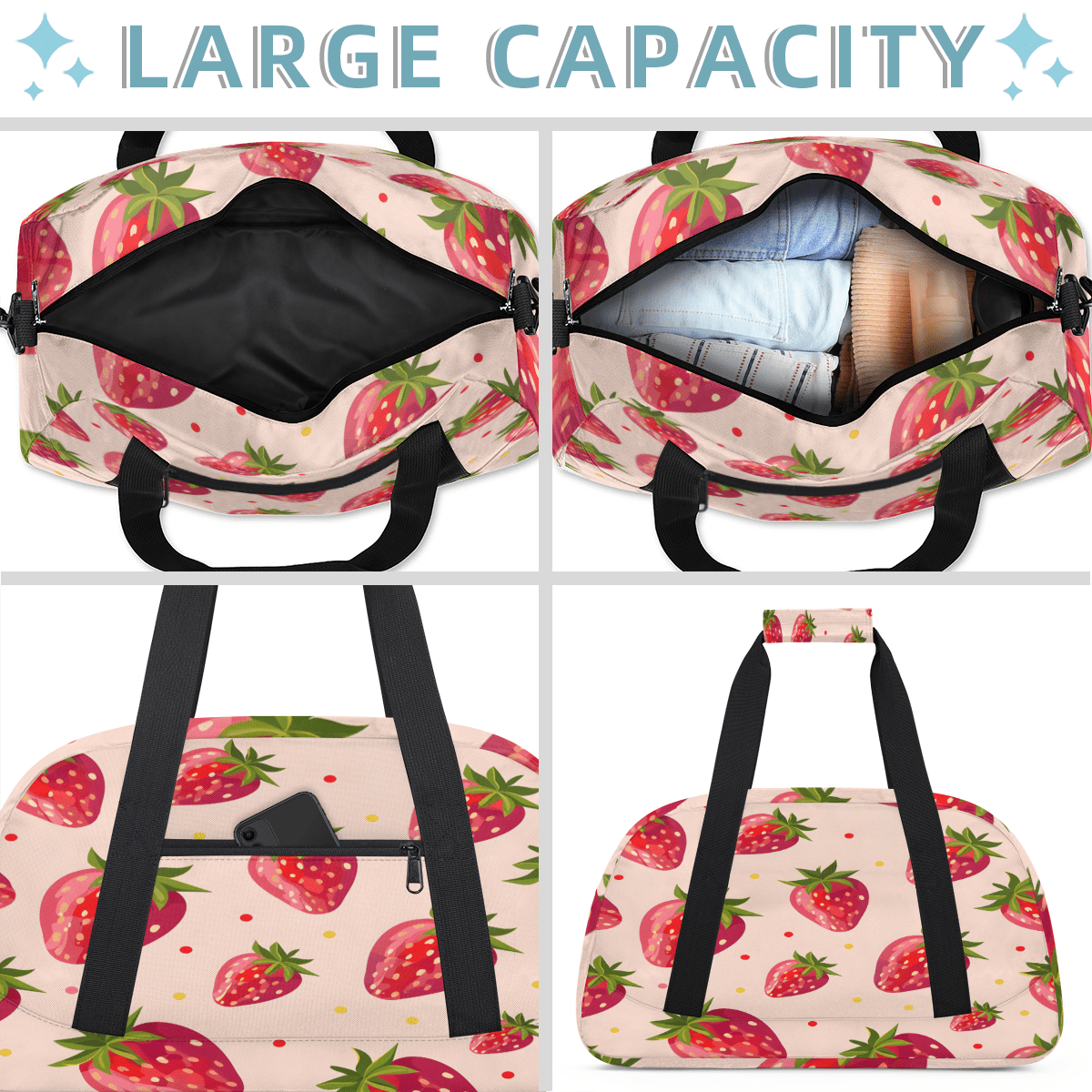 Herdesigns Strawberry Sports Duffle Bag for Women & Men, Strawberries Gym Bag Dance Bag Overnight Bag Carry On Weekender Travel Bag