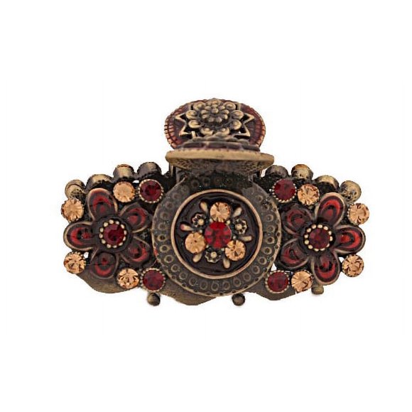 CARAVAN® GARRA PARA EL CABELLO HECHA DE FLORES EN LOS COSTADOS BOTÓN EN EL CENTRO REMATADO CON GIRASOL TODO BRONCE Y ROJO CON 36 PIEDRAS DE PEDRERÍA