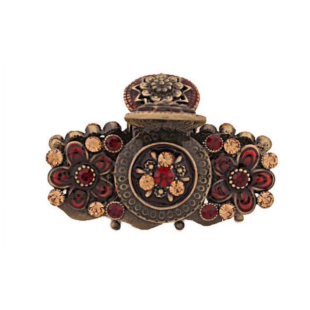 CARAVAN® GARRA PARA EL CABELLO HECHA DE FLORES EN LOS COSTADOS BOTÓN EN EL CENTRO REMATADO CON GIRASOL TODO BRONCE Y ROJO CON 36 PIEDRAS DE PEDRERÍA
