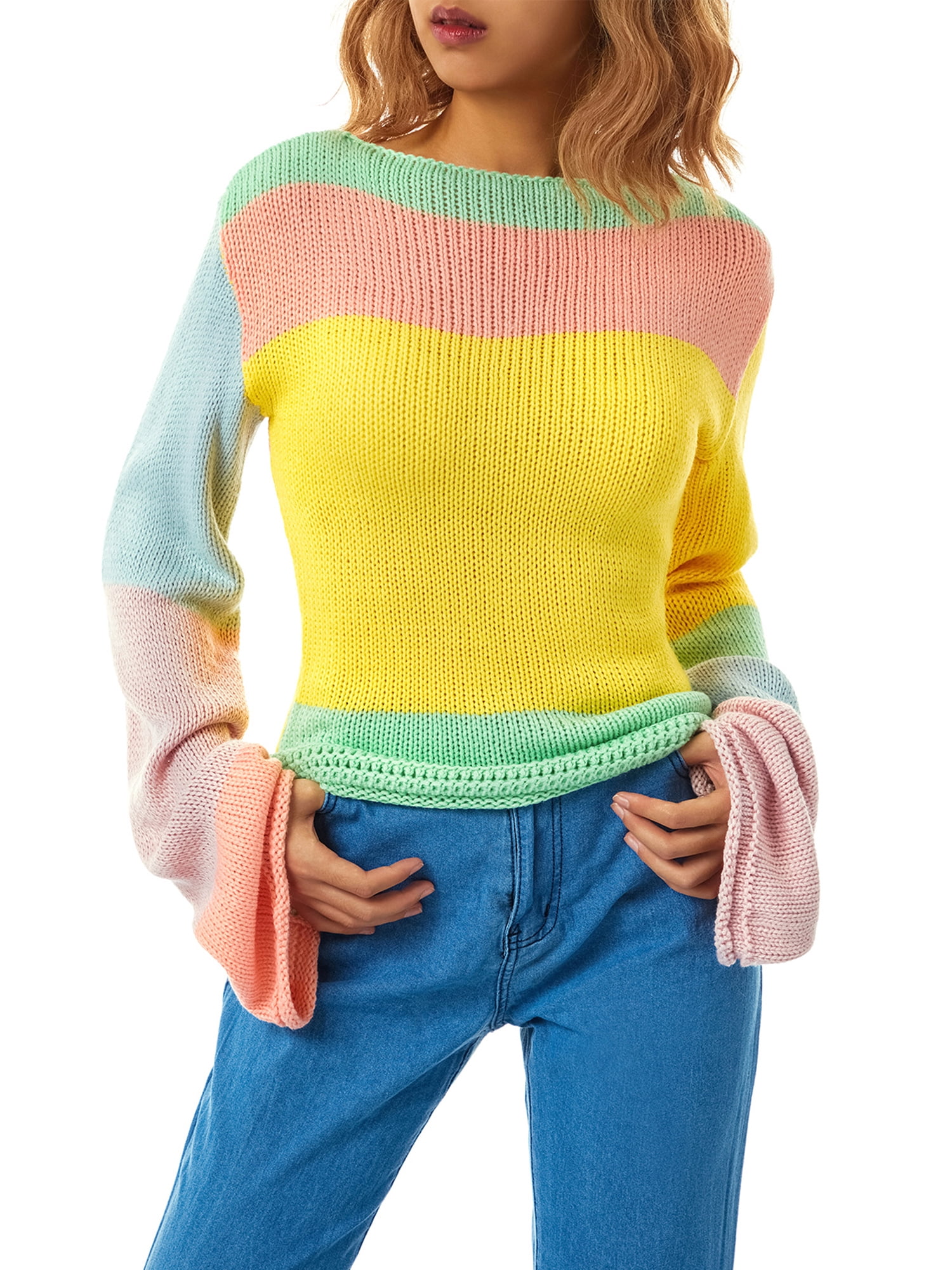 ZESICA Women's Color Block Striped Knit Sweater - Long Sleeve Crew Neck Pullover, Orange - View #6