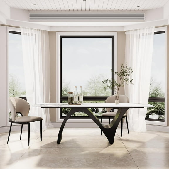 Modern Dining Table for 6, Sintered Stone Dining Tabletop with Unique N-Shaped Metal Base, 71" Rectangle Dining Table for Dining Room Table Kitchen (Table Only)