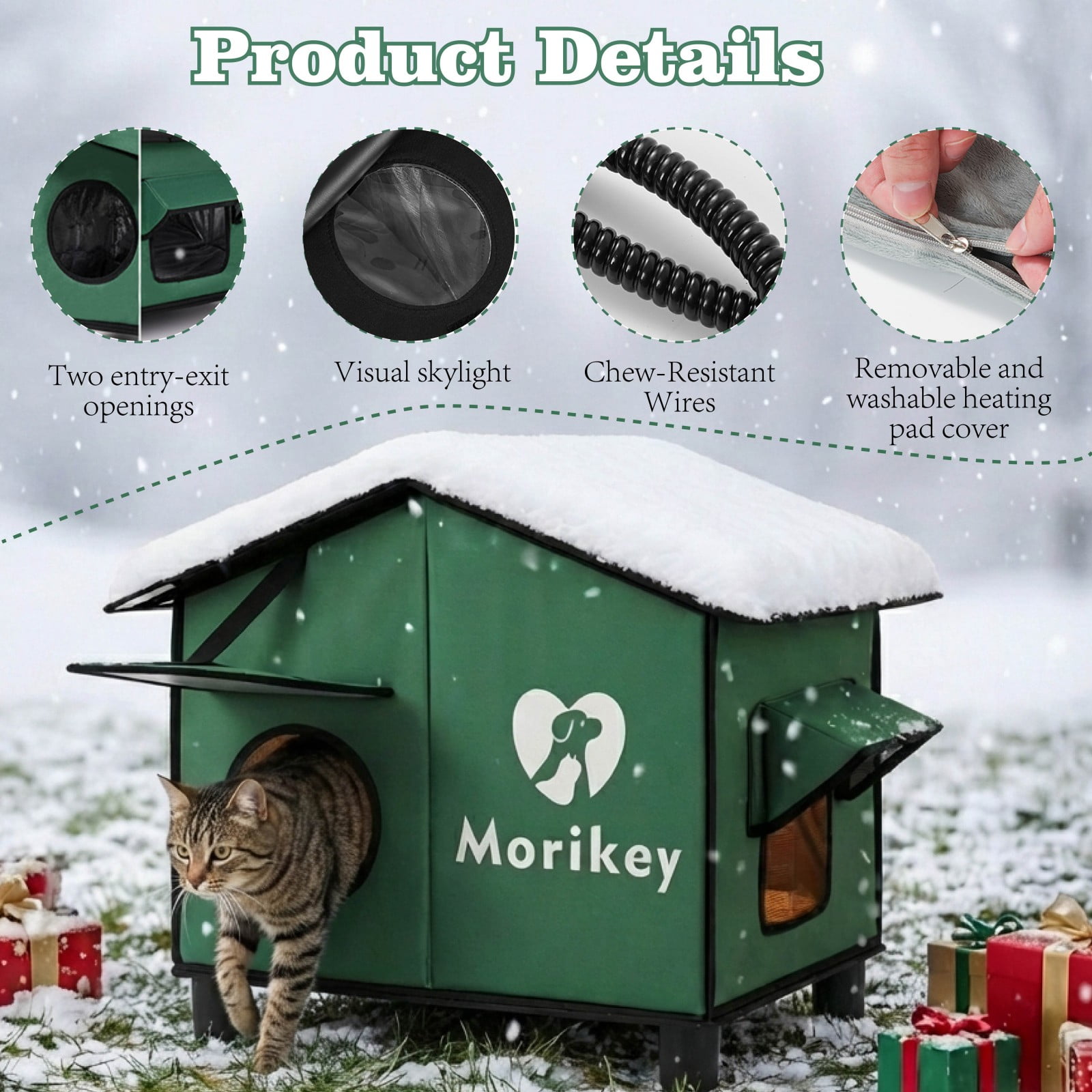Outdoor Heated Cat House in Winter,Insulated Weatherproof Outdoor Cat Shelter with Heated Pad, Elevated Base & Safe Escape Door,Warm Kitty House for Feral or Stray Cats, 14.1"x16.5"x24.4"