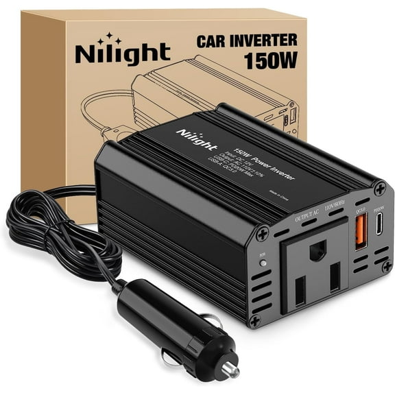 Nilight 150W Power Inverter 12V DC to 110V AC Car Converter with USB-C PD 30W & QC3.0 Ports, Compatible with Phones, Tablets, Laptops, and Other Devices, Black