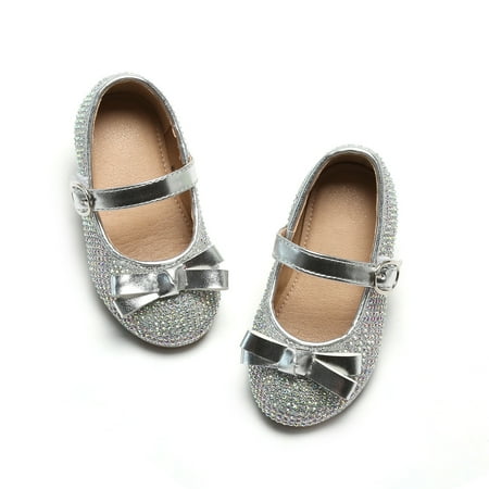 THEE BRON Mary Jane Flats for Little Kids Toddler Baby Girls Glittery Dress Princess Ballet Shoes-Silver