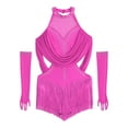thumbnail image 4 of iixpin Girls Sleeveless Mesh Drapes Tassels Bodysuit for Samba Rumba Latin Rhinestones Dance Dress with Gloves Hot Pink 12, 4 of 6