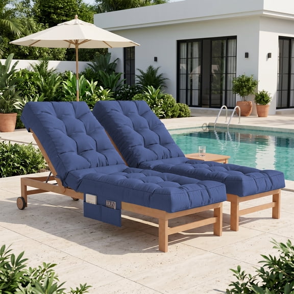 BaPiPro Navy Blue 2-Pack Outdoor Chaise Lounge Cushion with Side Pocket, Triple Non-Slip Fixation, All-Weather Durable & Soft Fabric, Thickened Padding, Ideal for Patio and Poolside Use