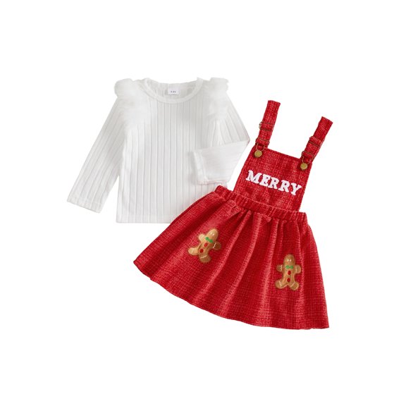 Cjfdfy Toddler Girl Christmas Fall Dress Outfit Solid Long Sleeve Ribbed Tops And Merry Christmas Print Overall Dress Santa Embroidery Kids Cute Holiday Party Outfits