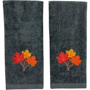 Serafina Home Harvest Fall Hand Towels: Plush Dark Grey Gray Cotton Towels with Autumn Leaf Design Set of 2, 16" x 25" Inch