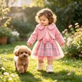 thumbnail image 5 of JIAYUE Toddler Girls 2-Piece Outfit Peter Pan Collar Long Sleeve Solid Color Coat And Straps Bow Plaid Dress For Casual Parties,9-12 Months, 5 of 6