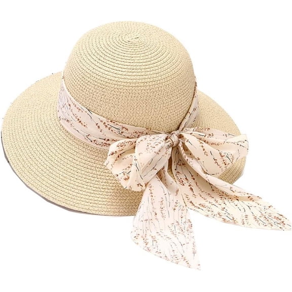 LinYooLi Sun Hat for Women Straw Hat Summer UV Protection Beach Cap Packable Wide Brim Travel Bucket Hat with Bowknot Ribbon