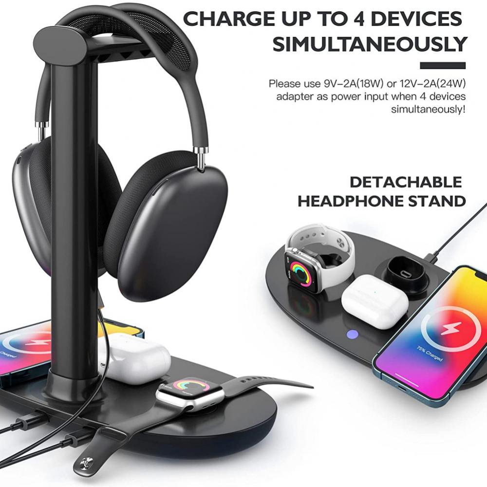 Headphone Stand with 15W Wireless Charger,4 in 1 Qi Charging