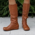 thumbnail image 4 of Women's Round Toe Knee High Boots Comfortable Wide Calf Leather Slouchy Fold Over Booties Hidden Wedge Slip On Riding Boots Orange Size 10.5, 4 of 6