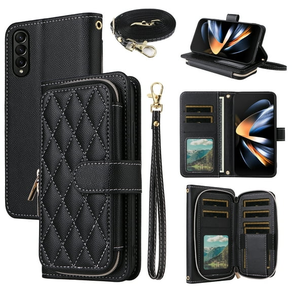 Dswteny Argyle Wallet Case for Samsung Galaxy Z Fold 4 5G 2022 with Wrist Strap Shoulder Strap Zipper Flip Credit Card Holder Stand Cell Phone Cover for ZFold4 Z4 Fold4 4Z ZFold45G Women Girls Black