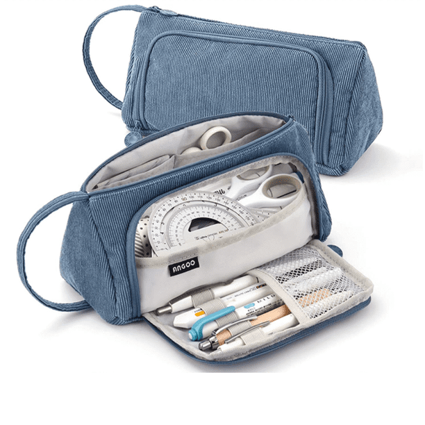 Estuche de 3 compartimentos, estuche de gran capacidad, estuche grande, azul claro