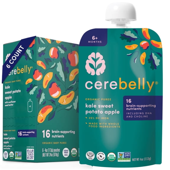Cerebelly Organic Baby Food Kale Sweet Potato Apple with Sunflower Seed Butter Puree, 4 oz, 6 Pack