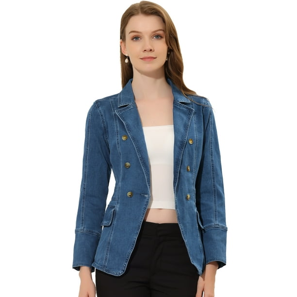 Chaqueta de mezclilla Allegra K Trabajo con Bolsillos Azul Vaquero M
