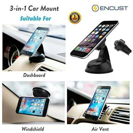 Encust Universal 3 in 1 Dashboard/Windshield/Air Vent Magnetic Car Mount Phone Holder for iPhone 7 SE 6/Plus 5s/ 5c/5, Samsung Galaxy Edge S7 S6, HTC Nexus 6 & Other Cell Phones (Lifetime