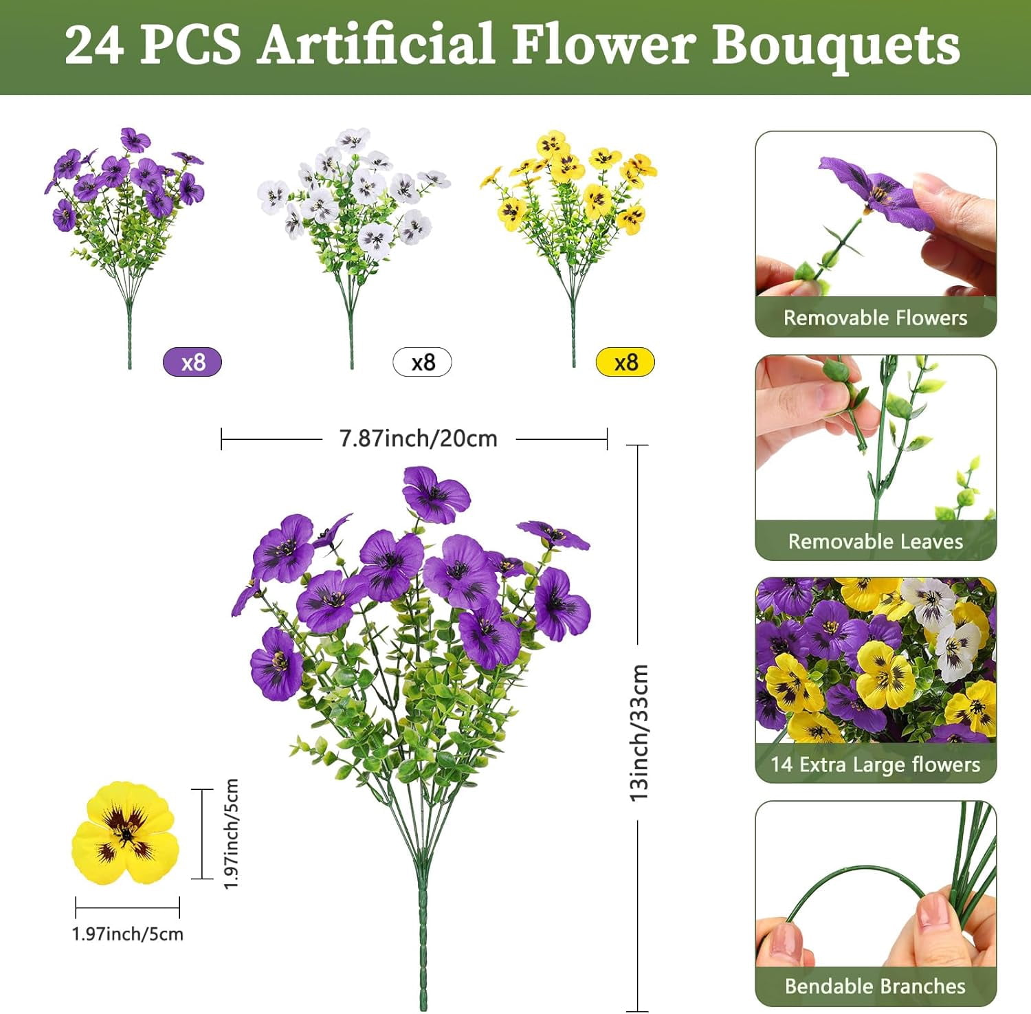 24 Bundles Artificial Flowers for Outdoors, Fake Spring Decoration, UV Resistant Realistic Pansies with Eucalyptus Silk Faux Porch Patio Yard, Purple Yellow White