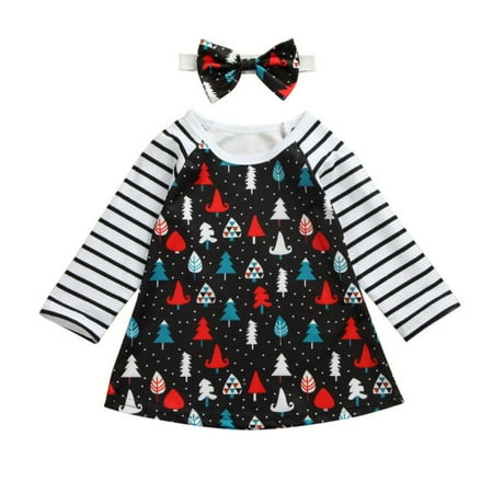 

Toddler Baby Girls Christmas Outfits Striped Xmas Tree Print Long Sleeve Dress+Headband Clothes Set