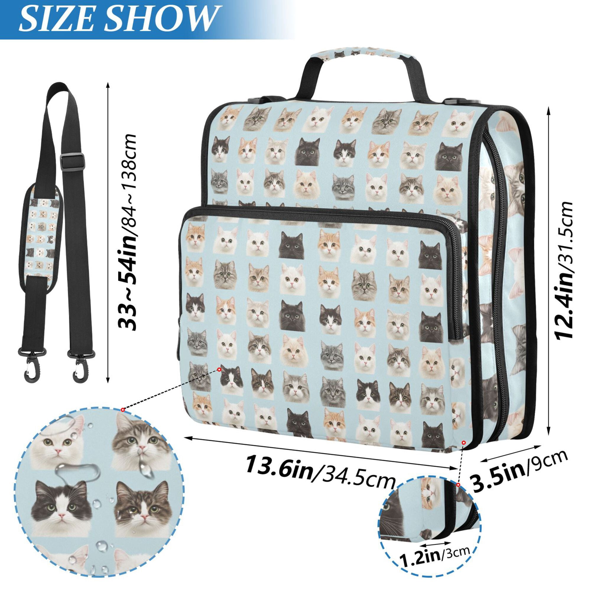 FORMRS Zipper Binder with Shoulder Strap 2-inch Ring 500 Sheet Capacity File Bag, Cute Cat Faces