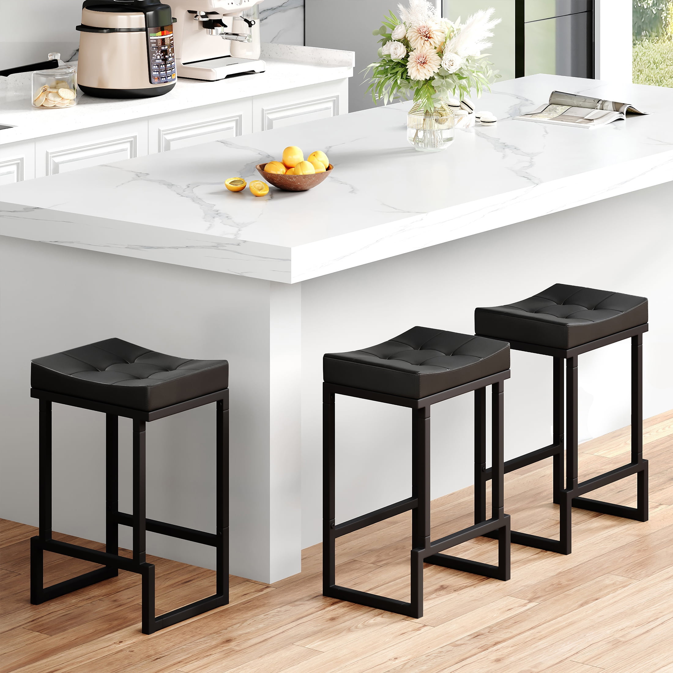 FIRAVOE Bar Stools Set of 3, Backless Counter Height Bar Stools (24") Modern Faux Leather Saddle Barstools for Kitchen Island, Black