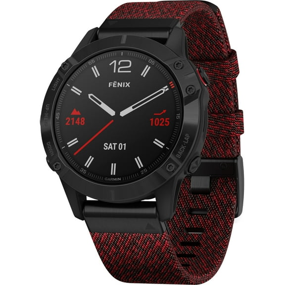 Open Box Garmin fēnix® 6 - Pro and Sapphire Editions - Black DLC with Heathered Red Nylon Band