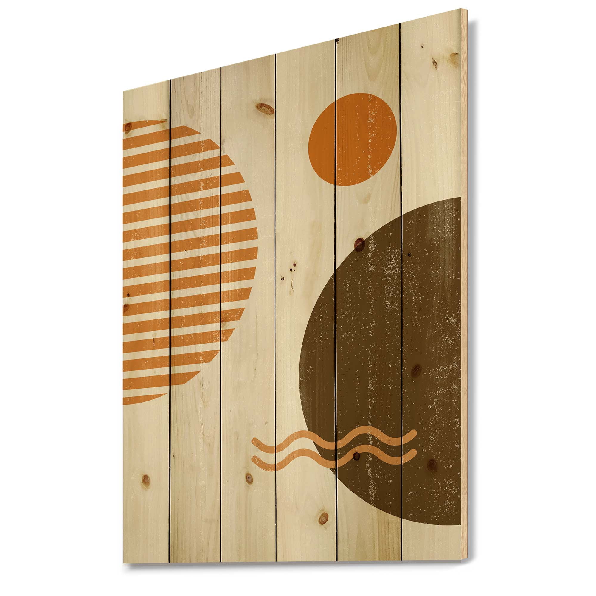 Designart 'Abstract Minimal Moon and Sun In Earth Tones III' Modern Print on Natural Pine Wood