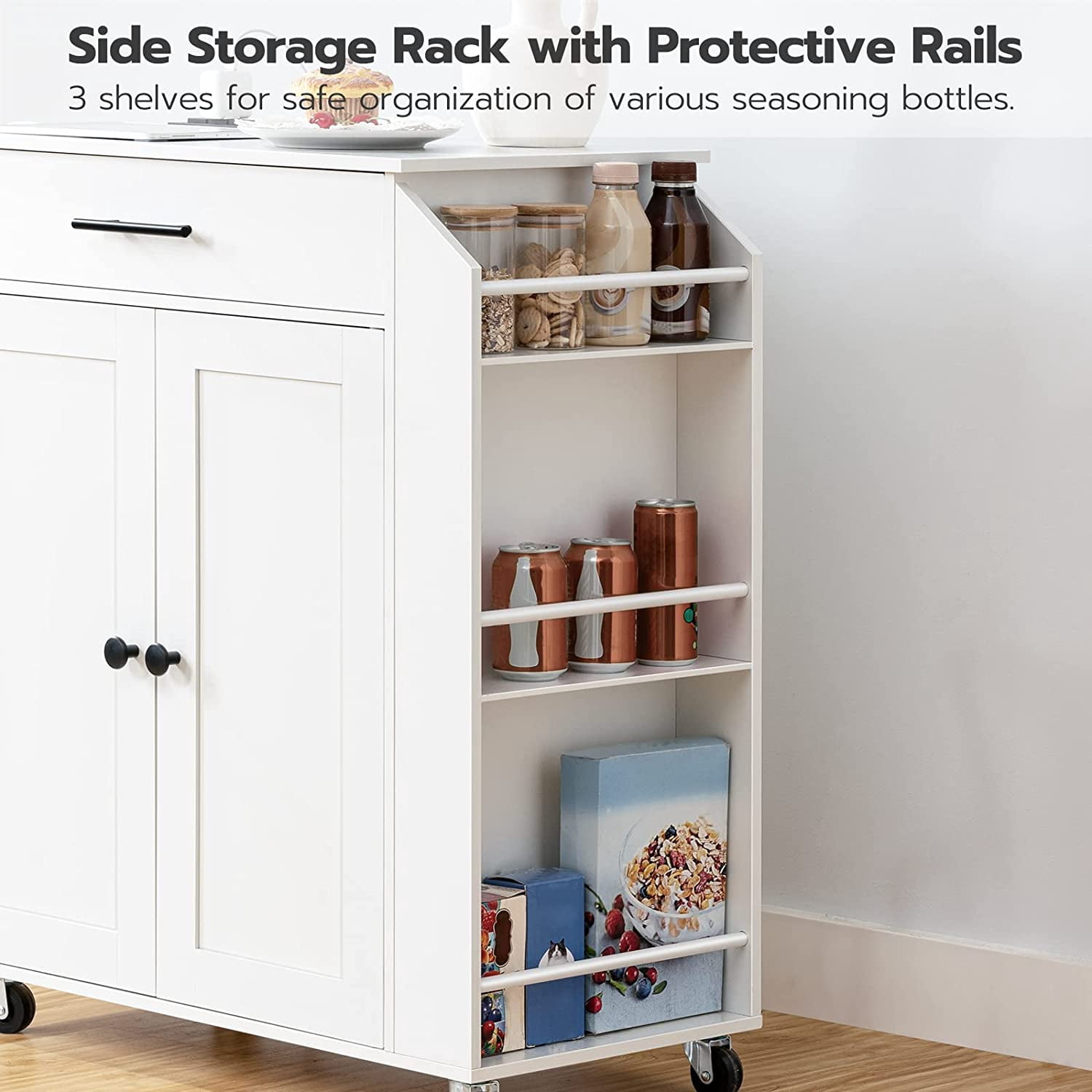 HOOBRO Rolling Kitchen Island with Power Outlet, Spice Rack & Drawer, White
