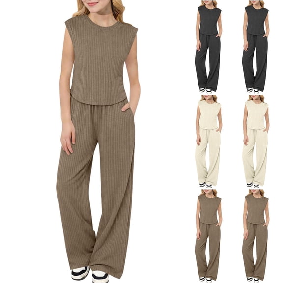 Babcutegg Girls’ Ice Silk Summer Sleeveless Top and Pants Set – Lightweight Casual Loose-Fit Matching Outfit for Toddlers and Kids Khaki Size 2-3