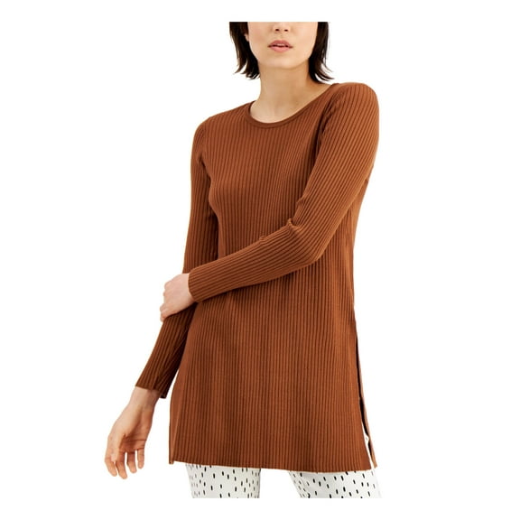 Alfani Womens Ribbed Tunic Sweater, Brown, Medium