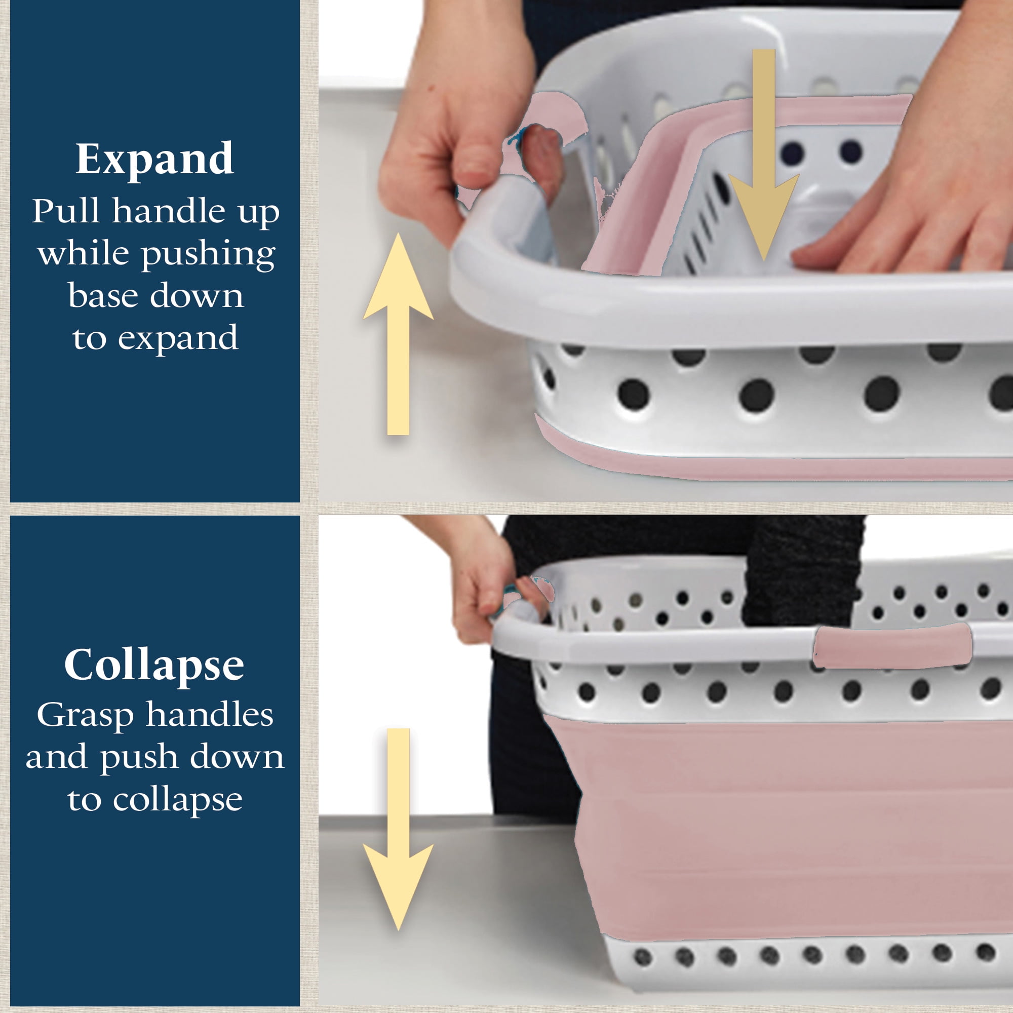 Blue Door Collapsible Laundry Basket Portable Pop Up Plastic Laundry Hamper with Dual Grip, 10.5-Gallon Pink 2pk
