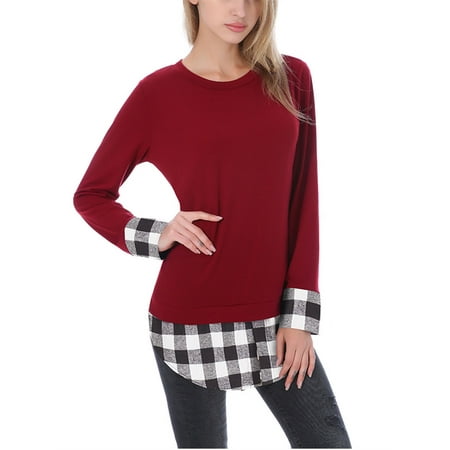 Violet Plaid Shirt - Long Sleeved Plaid Patchwork Women Casual T-shirts