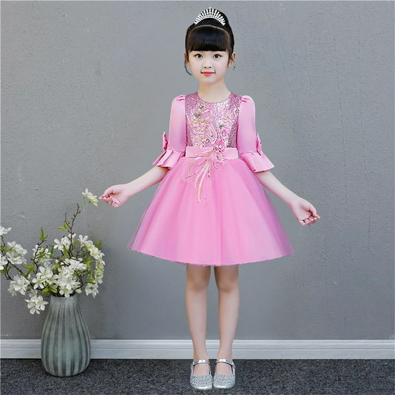NAISIBABY Flower Dress for Girls 7T, Glitter Sequin Mesh Embroidered Half Sleeve Wedding Party Birthday Pageant Princess Dress Pink(3-15T)