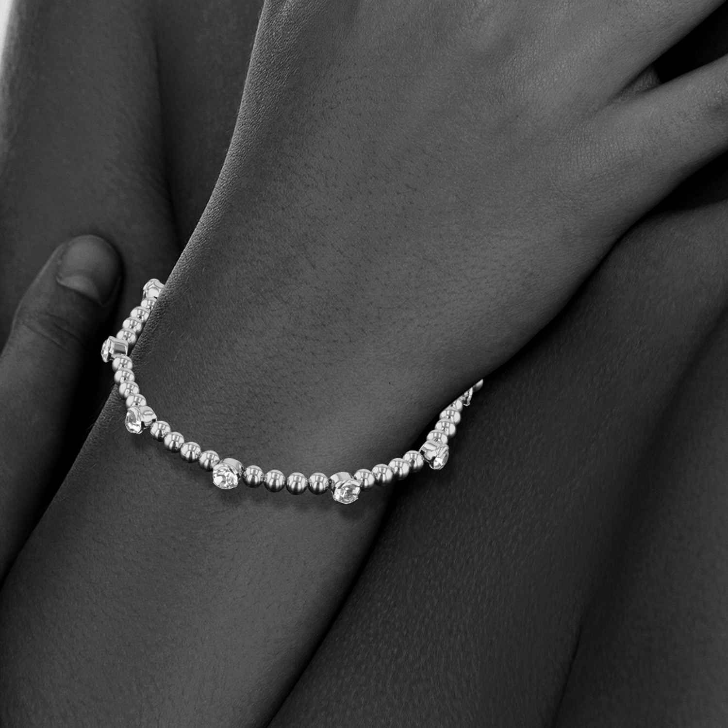 X & O Adult Female Women's Silver Plated Wire Bangle Bracelet with Polished Round Beads and White Crystals