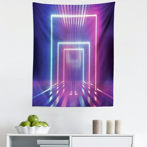 Abstract Tapestry, Modern Futuristic Gates of Technological Disco Funk Striped Look, Fabric Wall Hanging Decor for Bedroom Living Room Dorm, 5 Sizes, Fuchsia Sky Blue and Violet, by Ambesonne