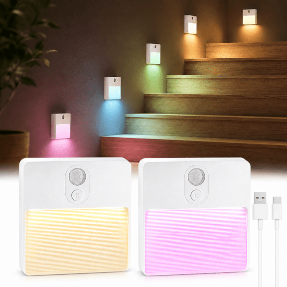 Rechargeable Stair Light Indoor, Motion Sensor Night Light with 7 Color & Stepless Dimming, Battery Night Light for Hallway,Bathroom,Toilet,Bedroom, 2-Pack