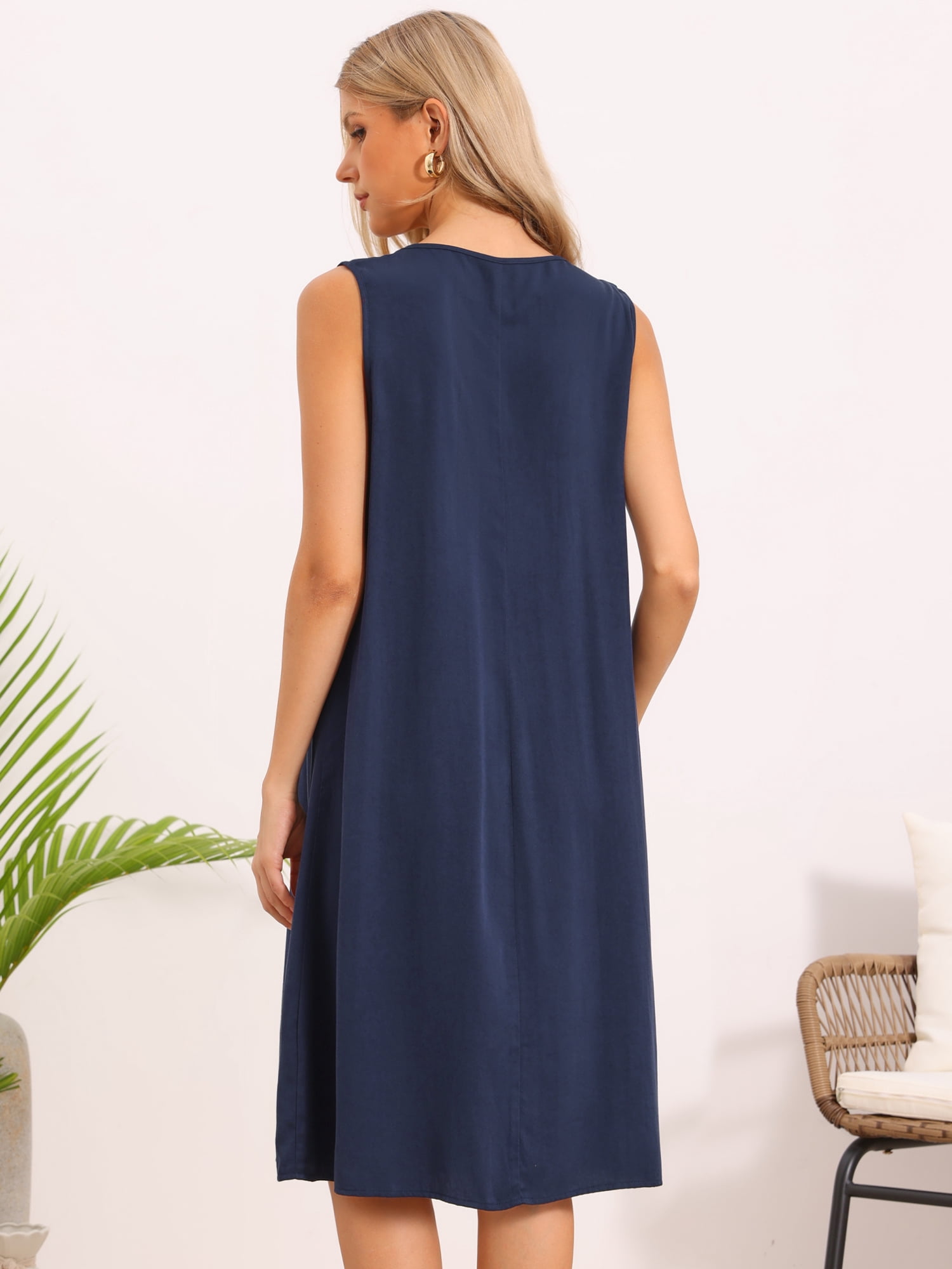 DARING DIVA Women's Sleeveless V Neck Pleated Front Casual Midi Stylish Dress L Navy Blue