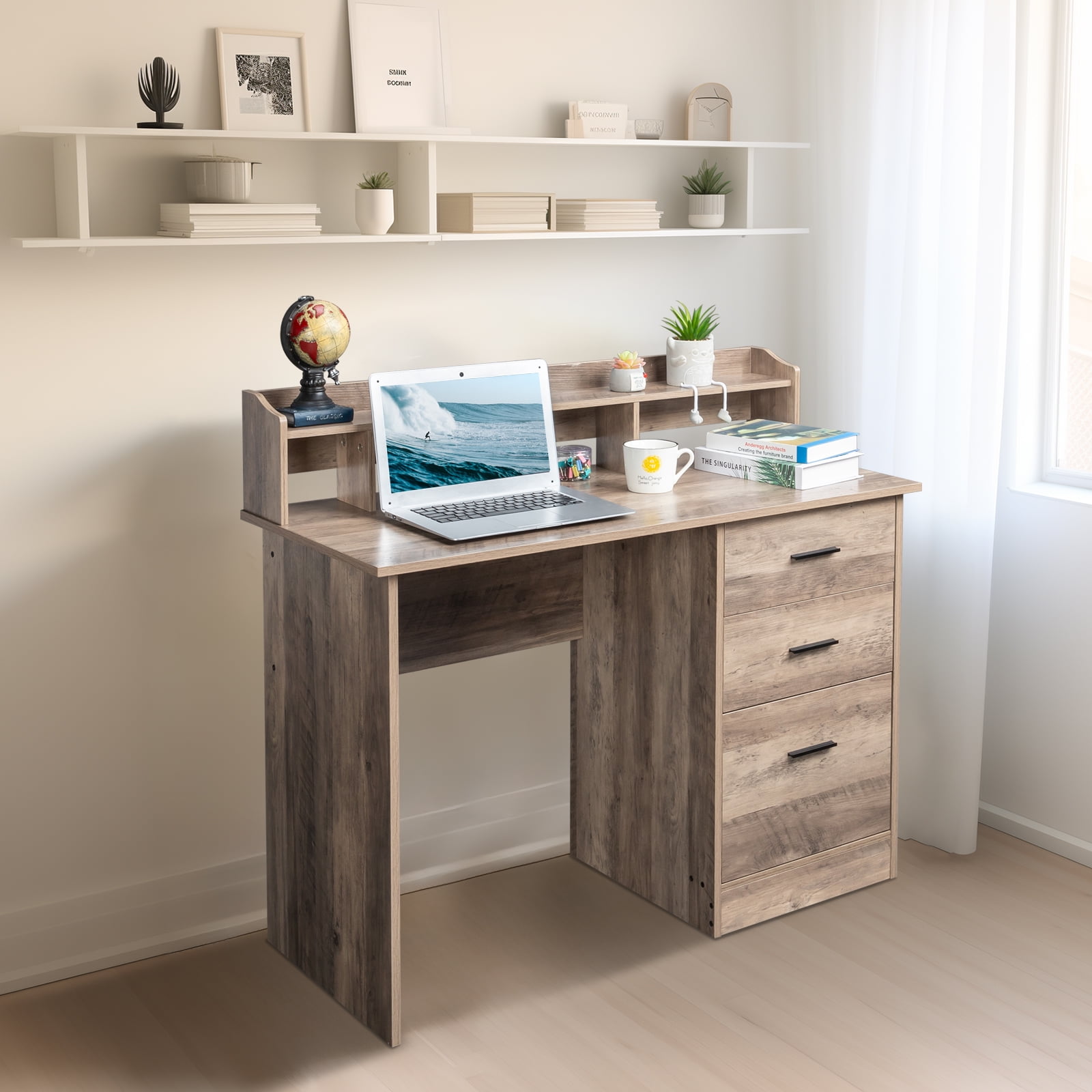Ktaxon Wood Computer Desk Office Laptop PC Work Table, Writing Desk with 3 Drawers File Cabinet for Letter Size,Gray