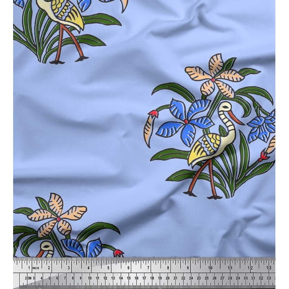Soimoi Polyester Crepe Fabric Flamingo,Leaves & Floral Block Print Sewing Fabric Yard 42 Inch Wide
