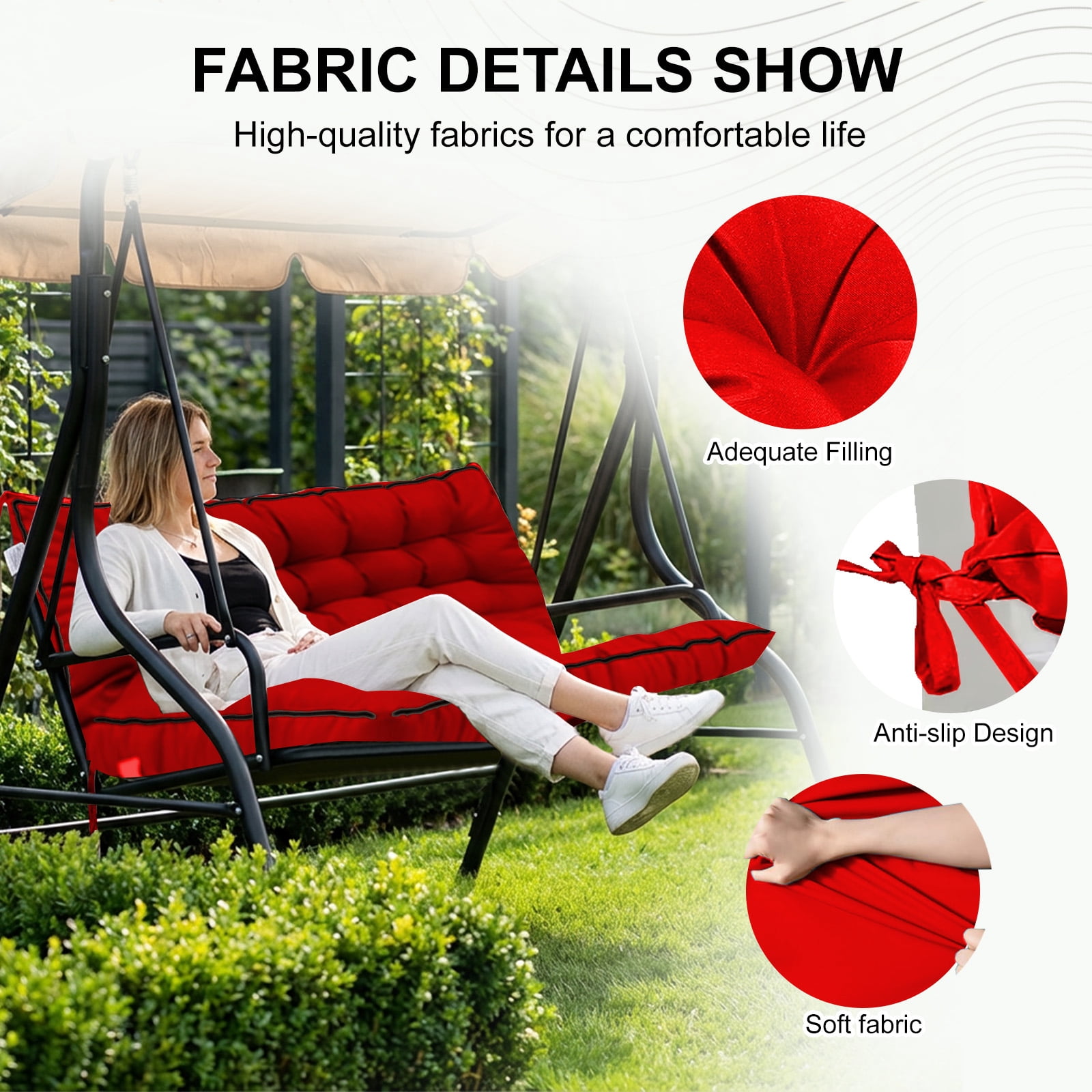 3-Seater Outdoor Porch Swing Cushion with Backrest, 60×40 Inch 5 Inch Thick Splash-Proof Patio Bench Replacement Cushion with Fastening Ties for Garden Backyard Outdoor Furniture