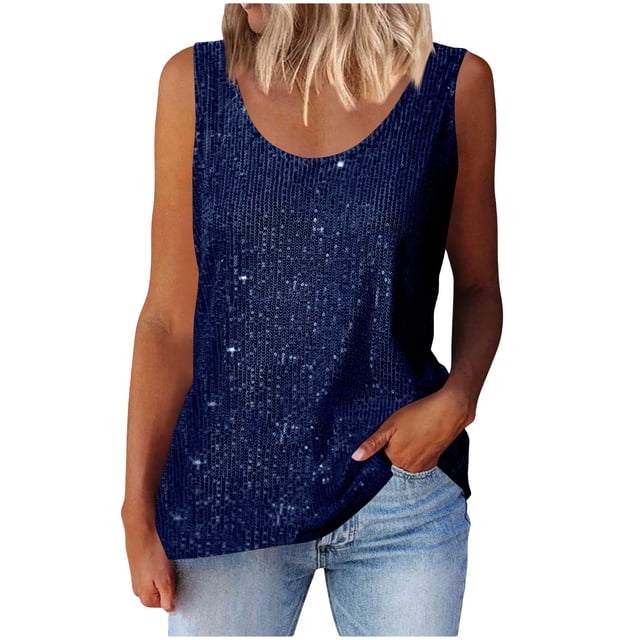 Plebaso Débardeurs à Paillettes à Col Ras du Cou pour Femmes, Hauts Sans Manches Scintillants, Débardeurs de Mode pour Fêtes, Tenue de Boîte de Nuit