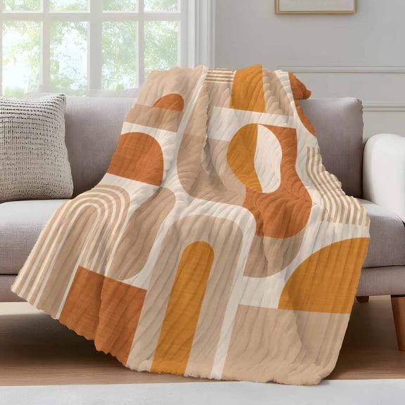 Orange Beige Geometric Fleece Throw Blanket for Couch, Middle Century Abstract Boho Lines Microfiber Flannel Blanket for All Season, Lightweight Fuzzy Plush Throw Blankets for Gifts, Office, 40"x50"