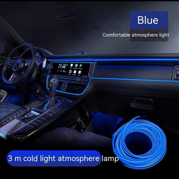 Tira de luces LED para interior de coche, 3M, USB, luces estroboscópicas brillantes de neón, kits de iluminación ambiental para decoraciones de coche (azul)